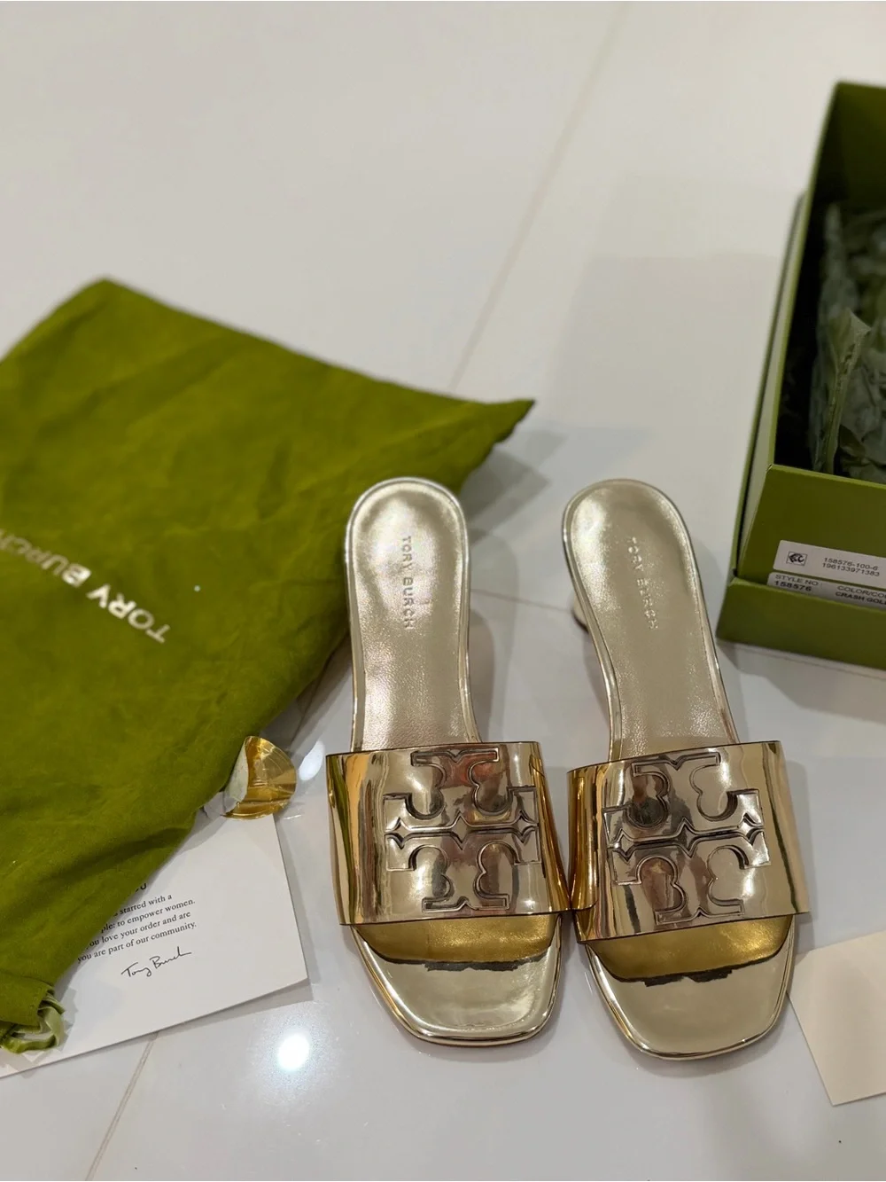 Tory Burch Metallic Gold Logo Slide Mules